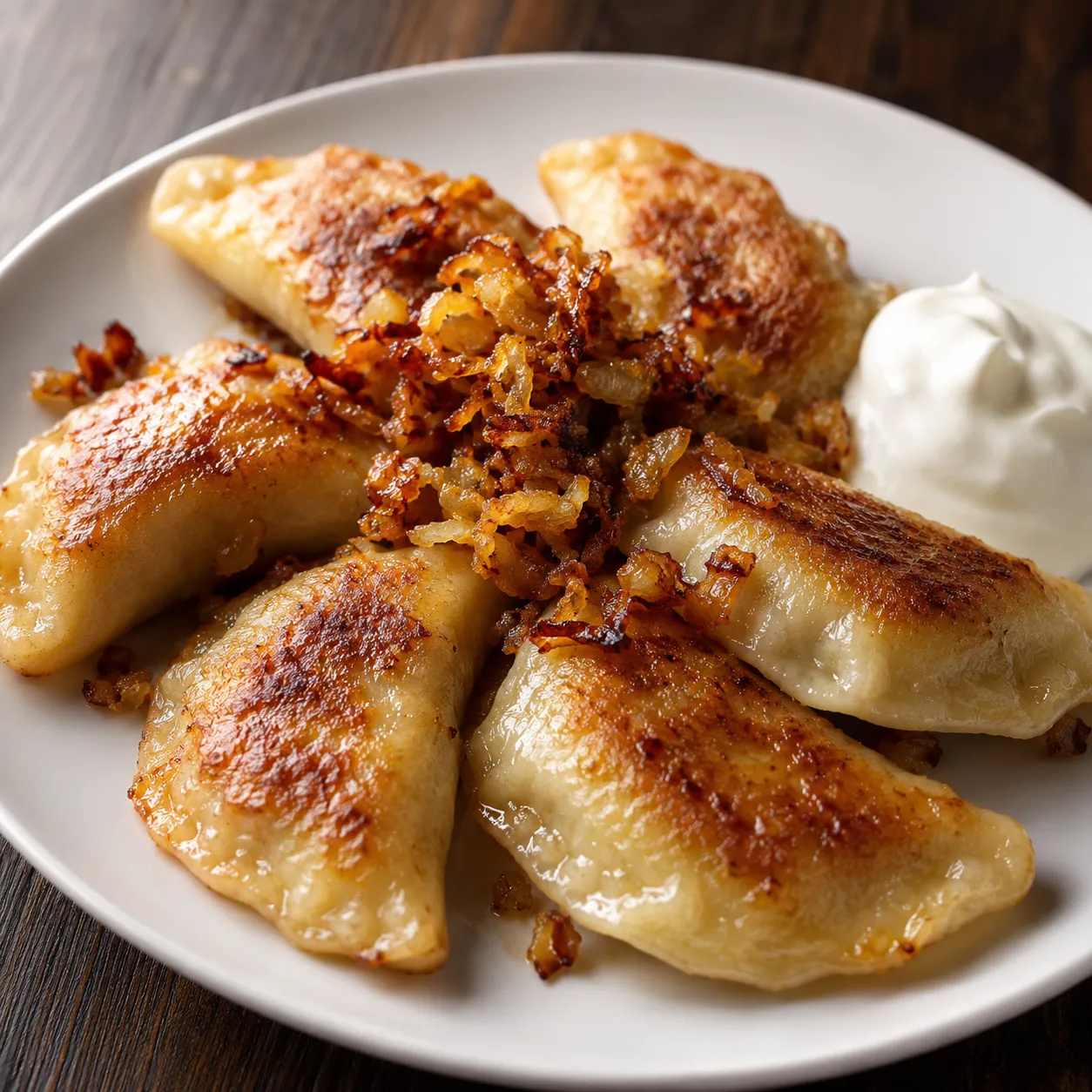 Golden pan-fried meat pierogi with fried onion and sour cream on a white ceramic plate