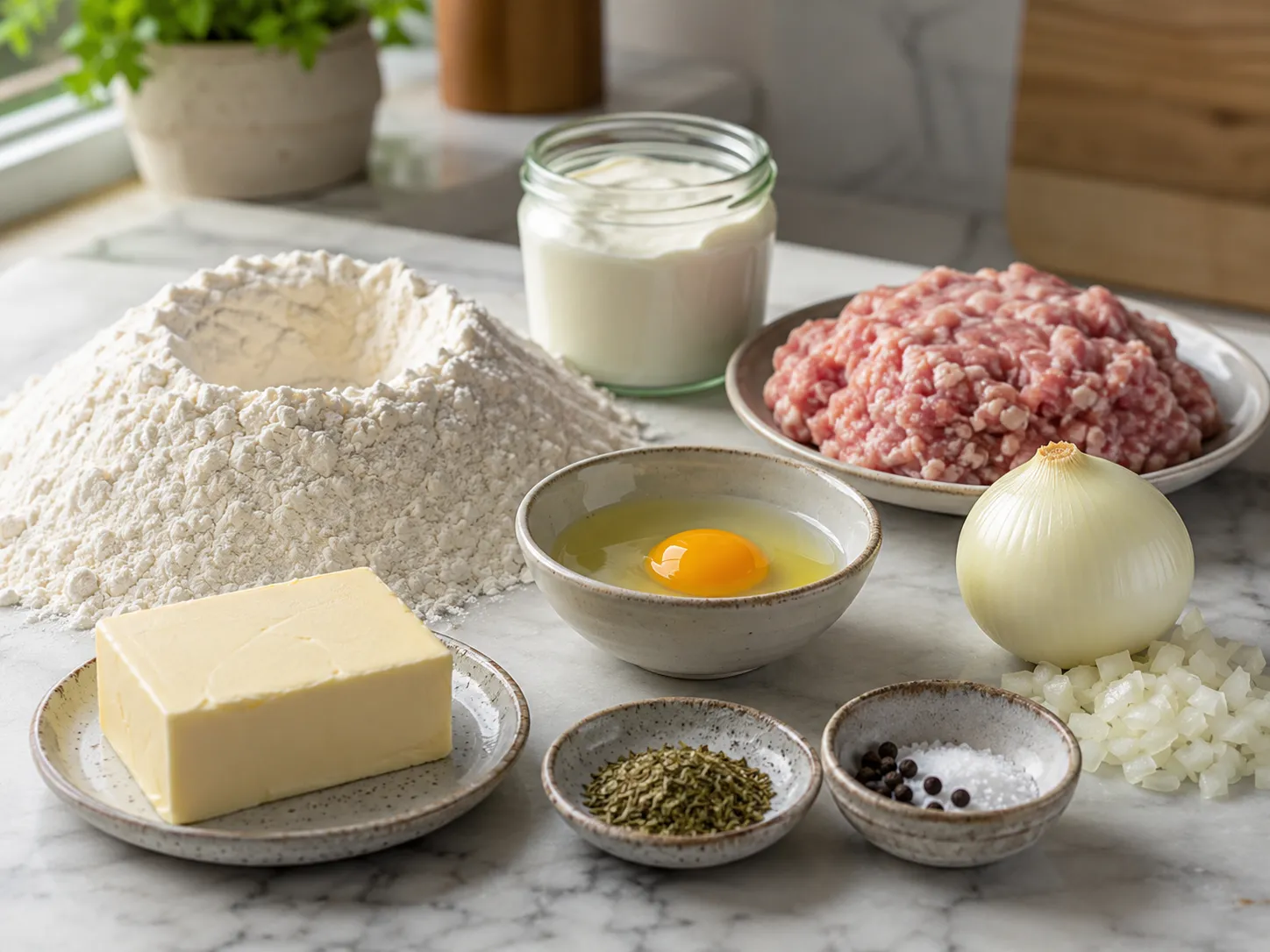 Raw ingredients for Polish meat pierogi including flour, egg, ground pork, onion, butter, and marjoram