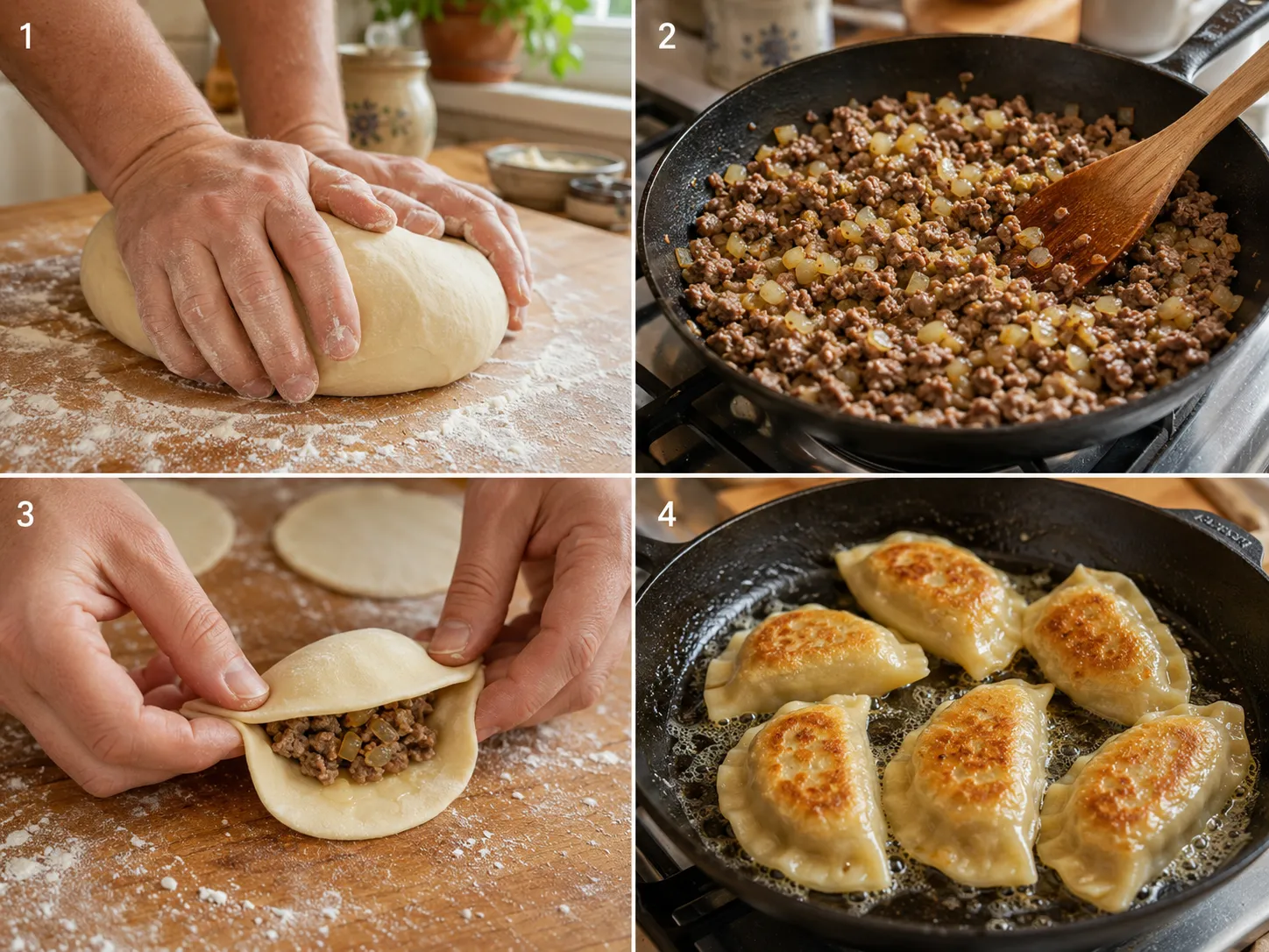 Four steps of making Polish meat pierogi from kneading dough to pan-frying golden