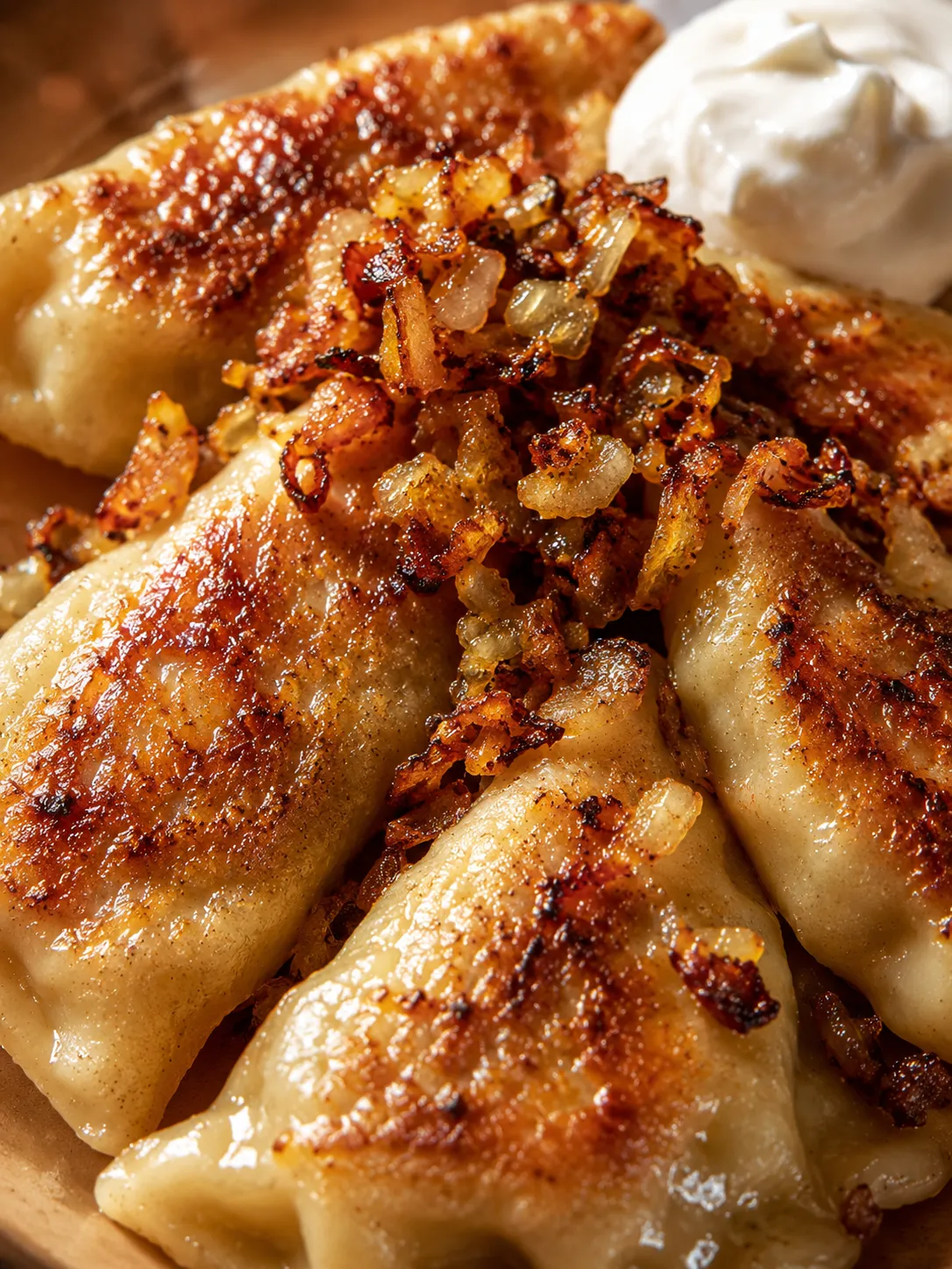 Golden pan-fried Polish meat pierogi with caramelized onion and sour cream