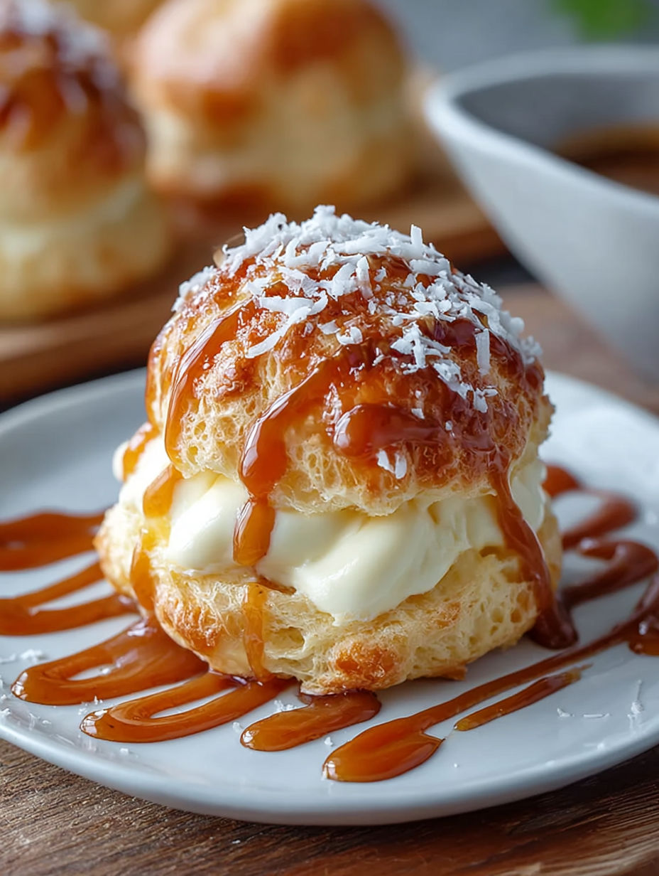 Coconut Caramel Cream Puffs with Luscious Cream Filling