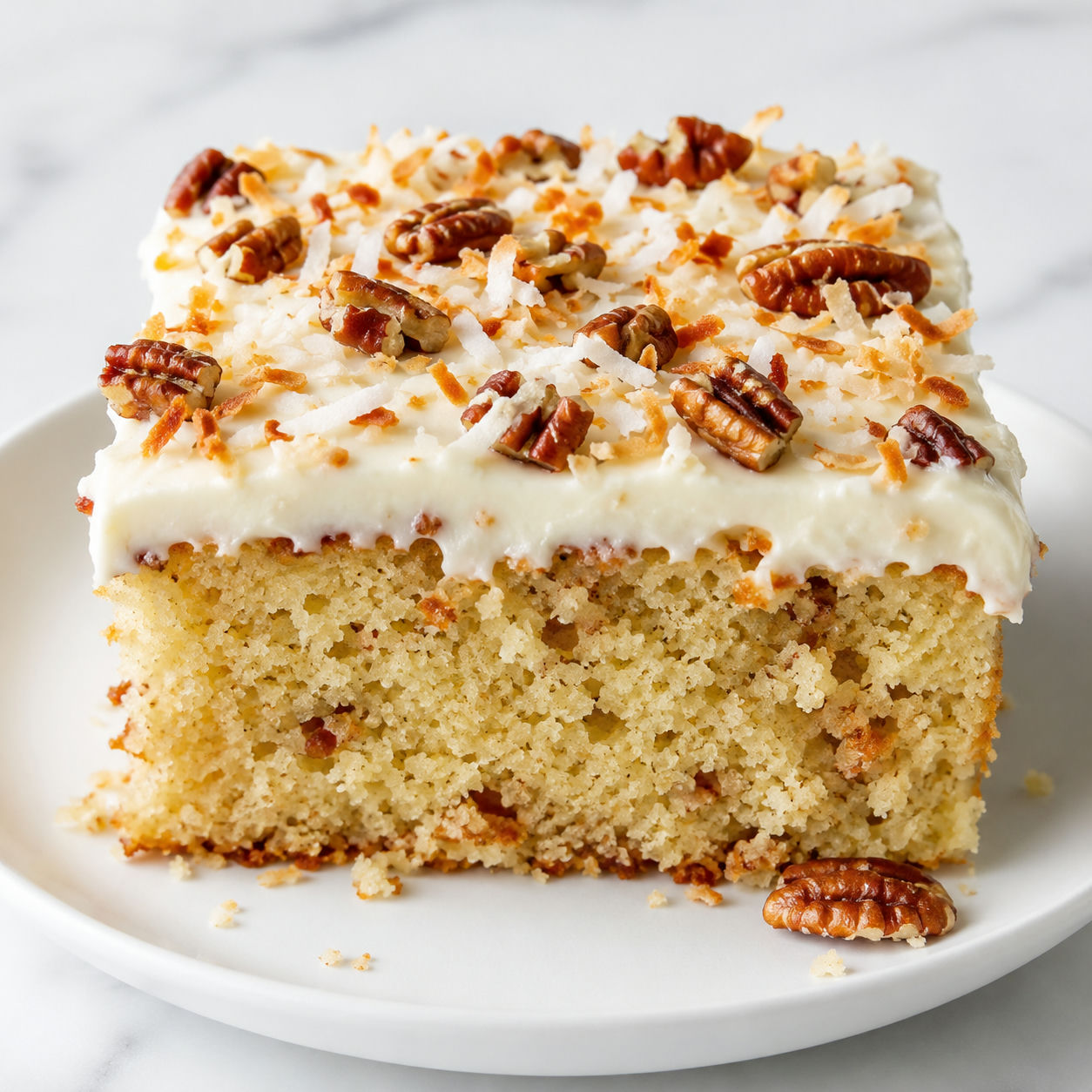 Coconut pecan buttermilk cake slice with cream cheese frosting