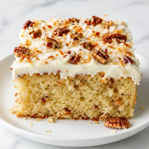 Coconut pecan buttermilk cake slice with cream cheese frosting