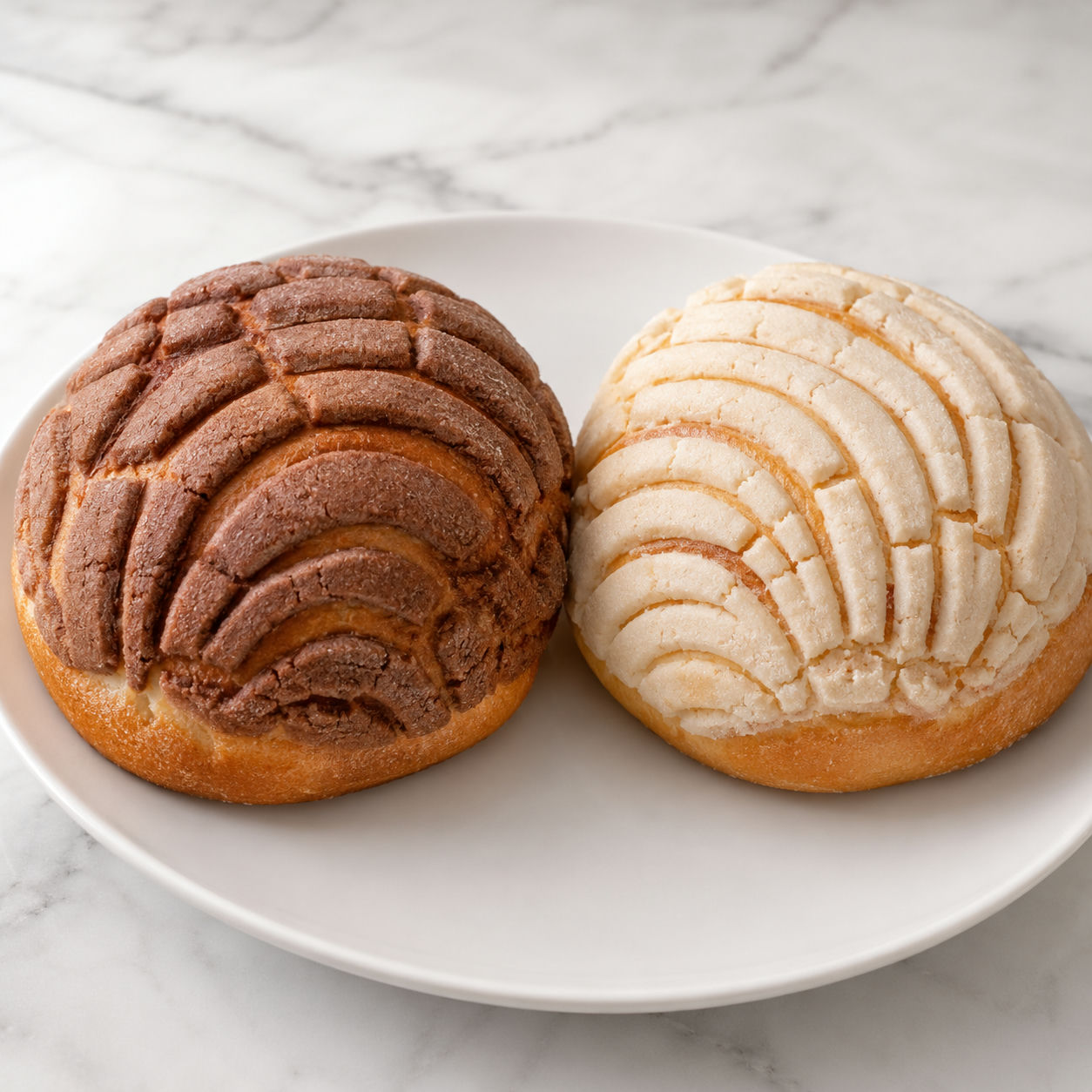 Freshly baked conchas pan dulce with chocolate and vanilla sugar shells on a linen cloth