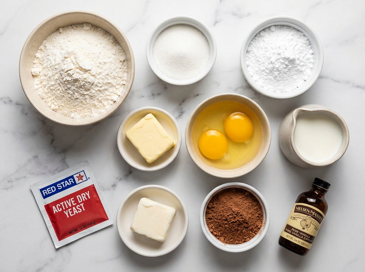 Raw ingredients for homemade conchas pan dulce arranged on a marble surface