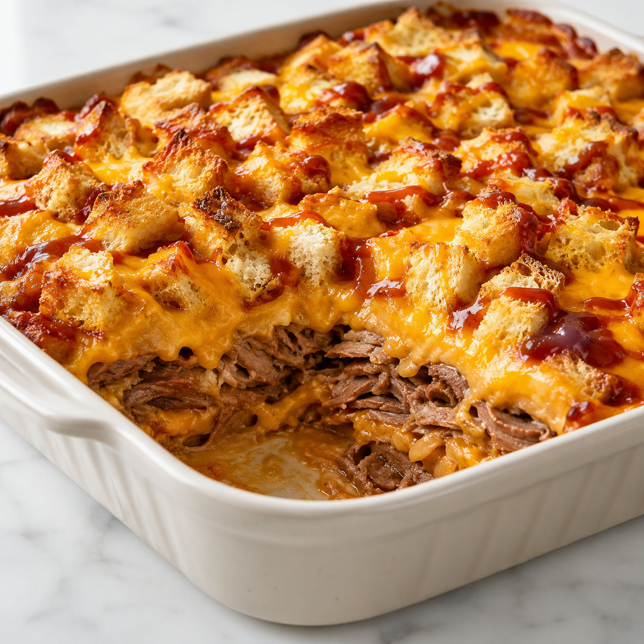 Beef and cheddar casserole with toasted onion bun cubes and red sauce