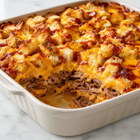 Beef and cheddar casserole with toasted onion bun cubes and red sauce