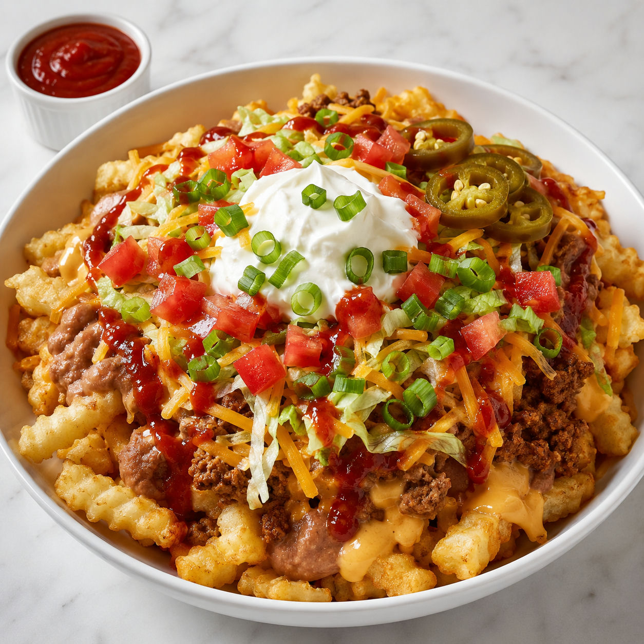 Crinkle fry taco bowl with beef, queso, lettuce, tomatoes, and sour cream
