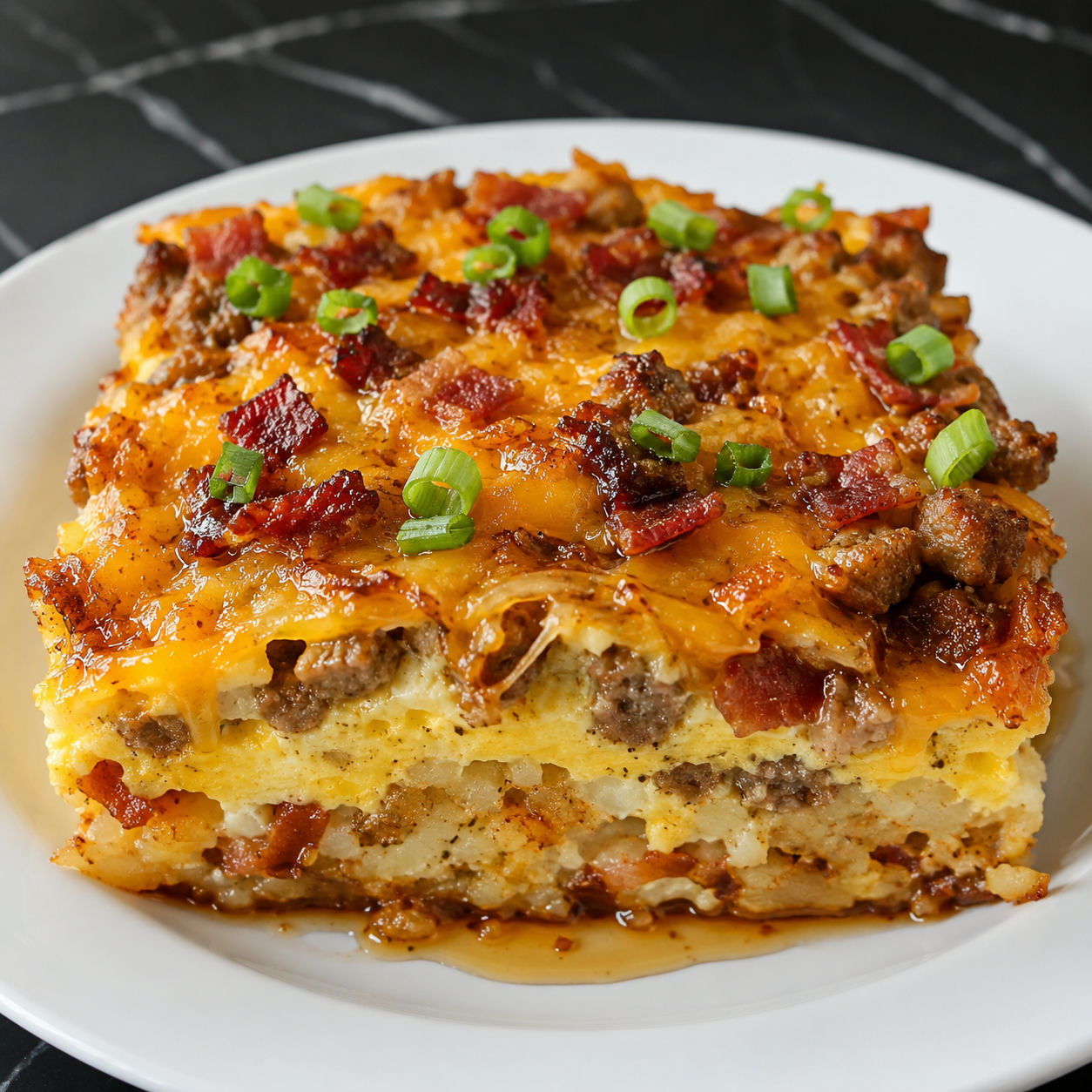 Grand Slam breakfast casserole slice with bacon, sausage, eggs, and cheddar