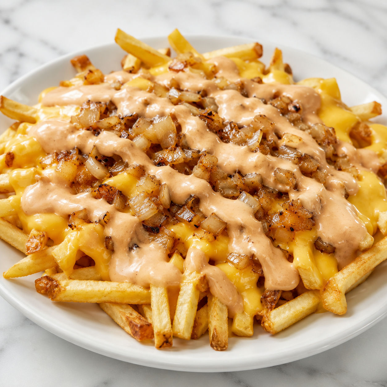 Animal style fries with melted cheese, grilled onions, and sauce