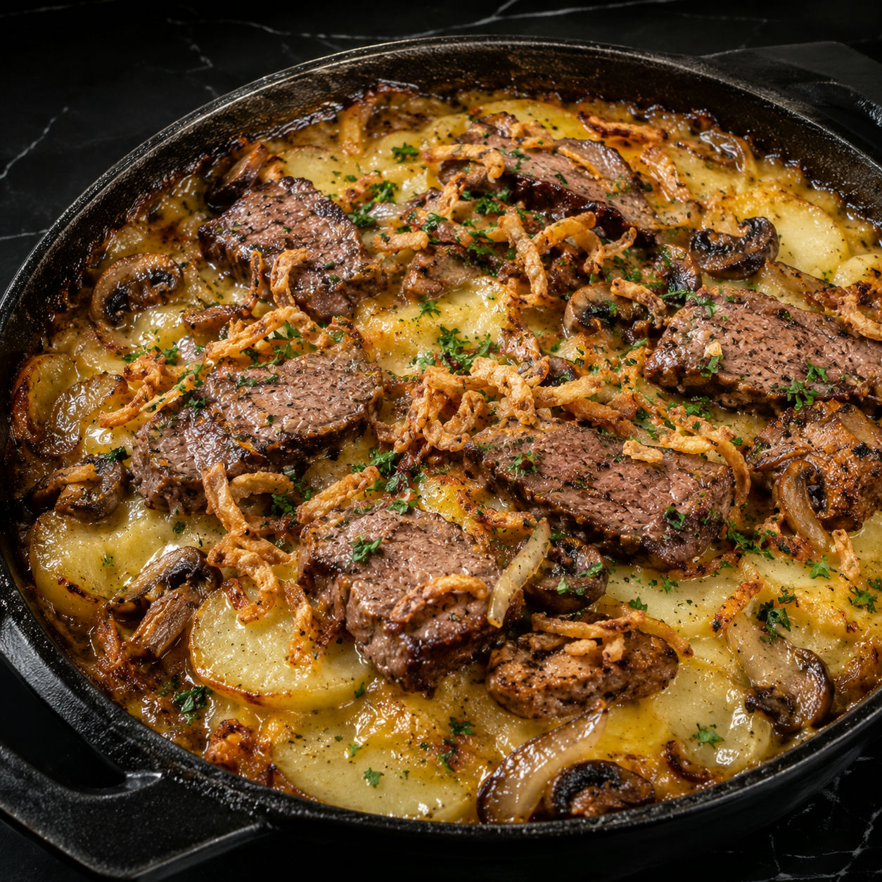 Ribeye steak casserole with potatoes, mushrooms, cheddar, and crispy onions