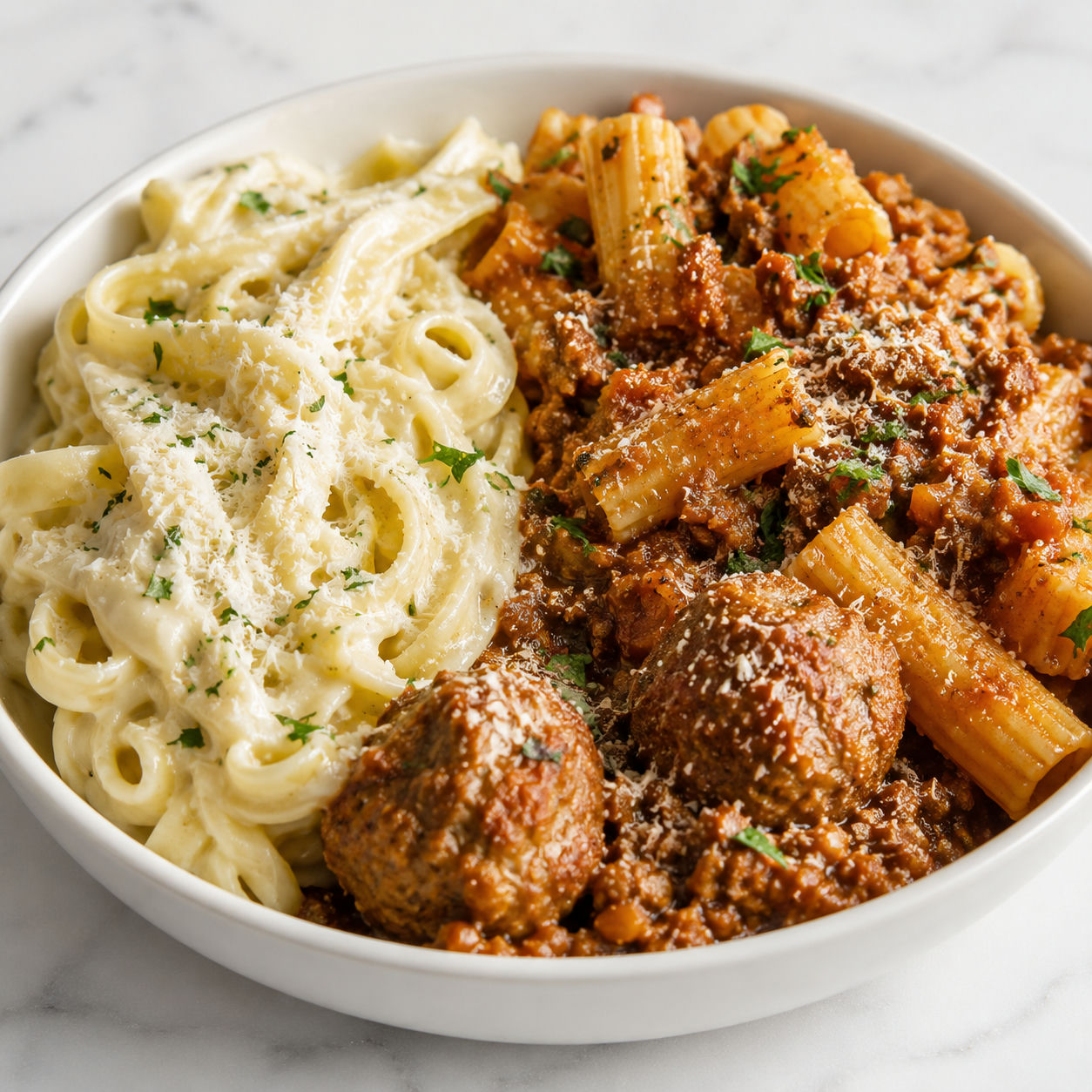 Pasta bowl with Alfredo fettuccine, meat marinara rigatoni, parmesan and parsley