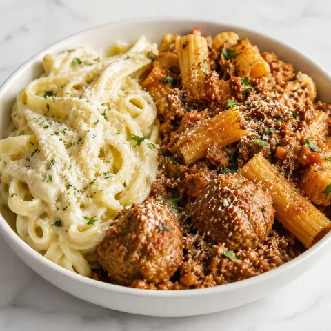 Pasta bowl with Alfredo fettuccine, meat marinara rigatoni, parmesan and parsley