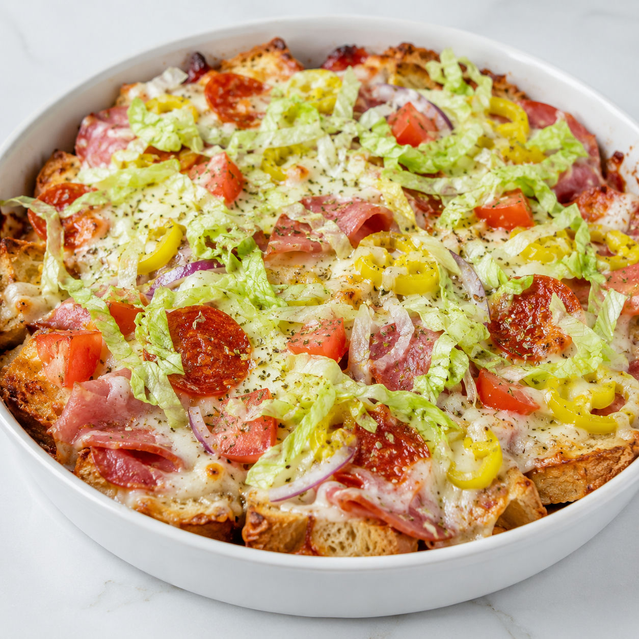 Copycat Subway BMT casserole with melted provolone, pepperoni, and lettuce