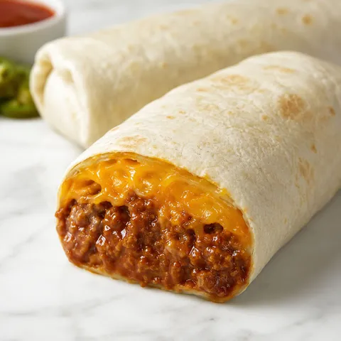 Chili cheese burrito cut open with beef chili and melted cheddar