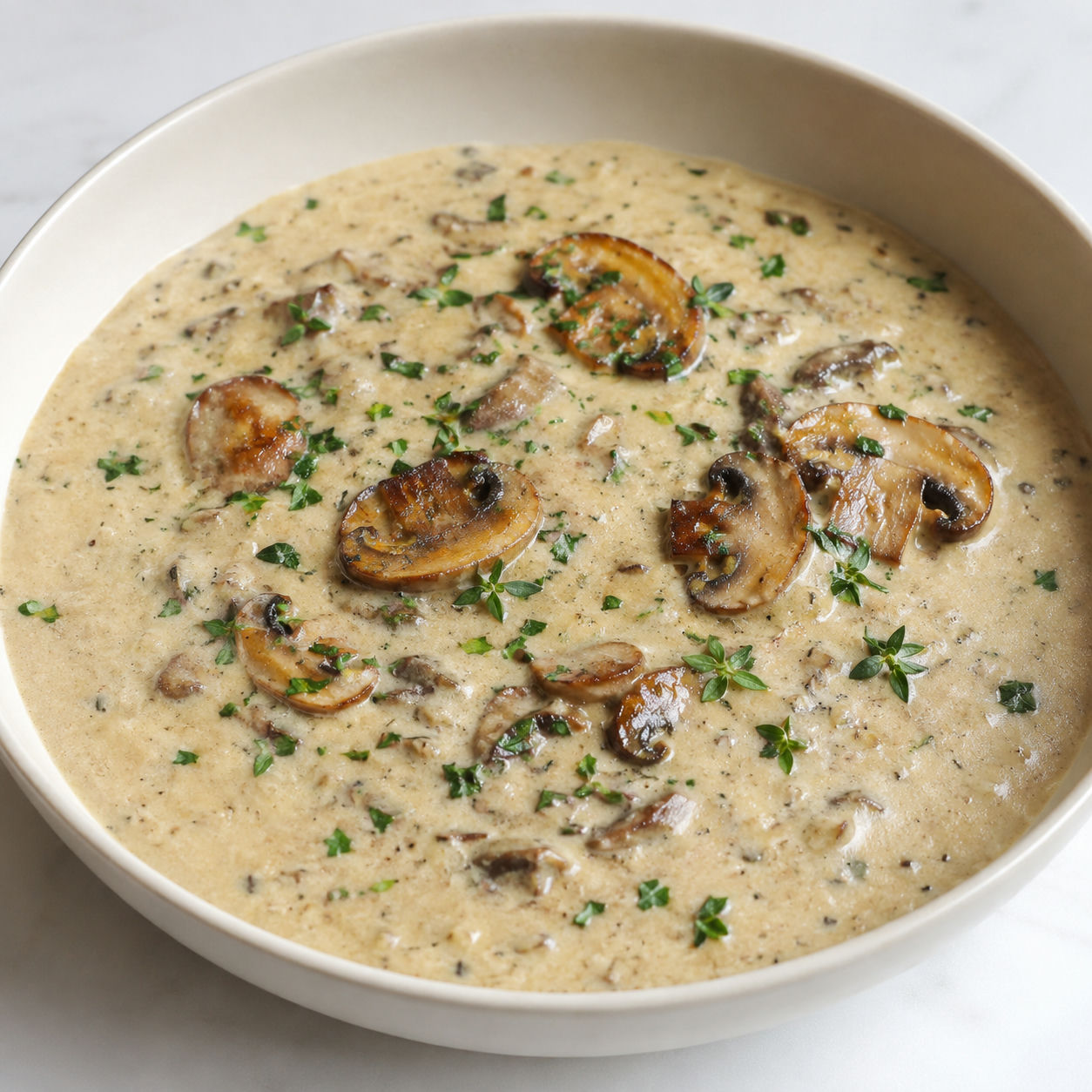 Creamy cottage cheese mushroom soup with parsley and browned mushrooms