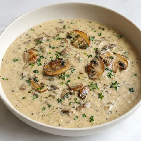 Creamy cottage cheese mushroom soup with parsley and browned mushrooms