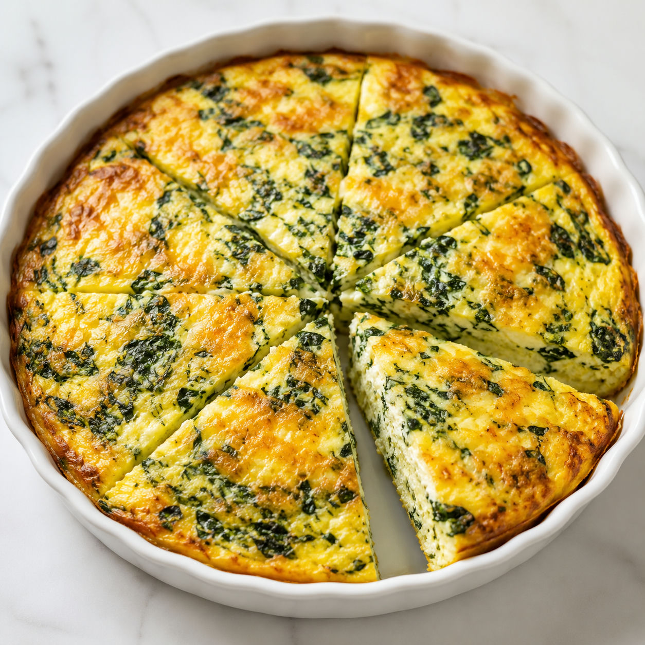 Cottage cheese spinach crustless quiche with golden top and green spinach