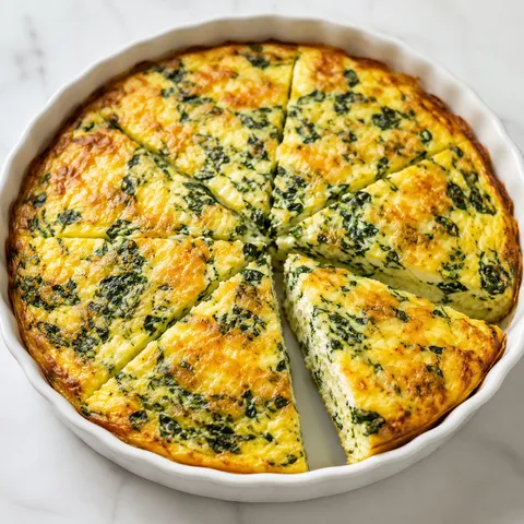 Cottage cheese spinach crustless quiche with golden top and green spinach