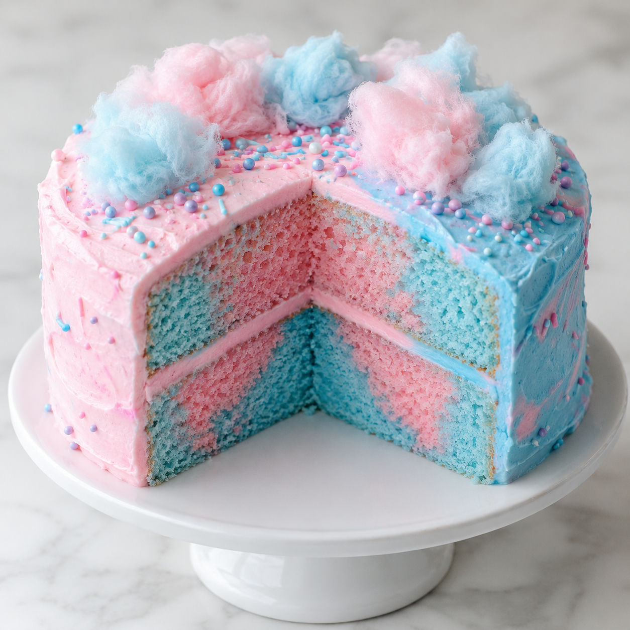 Pastel cotton candy layer cake with pink and blue buttercream