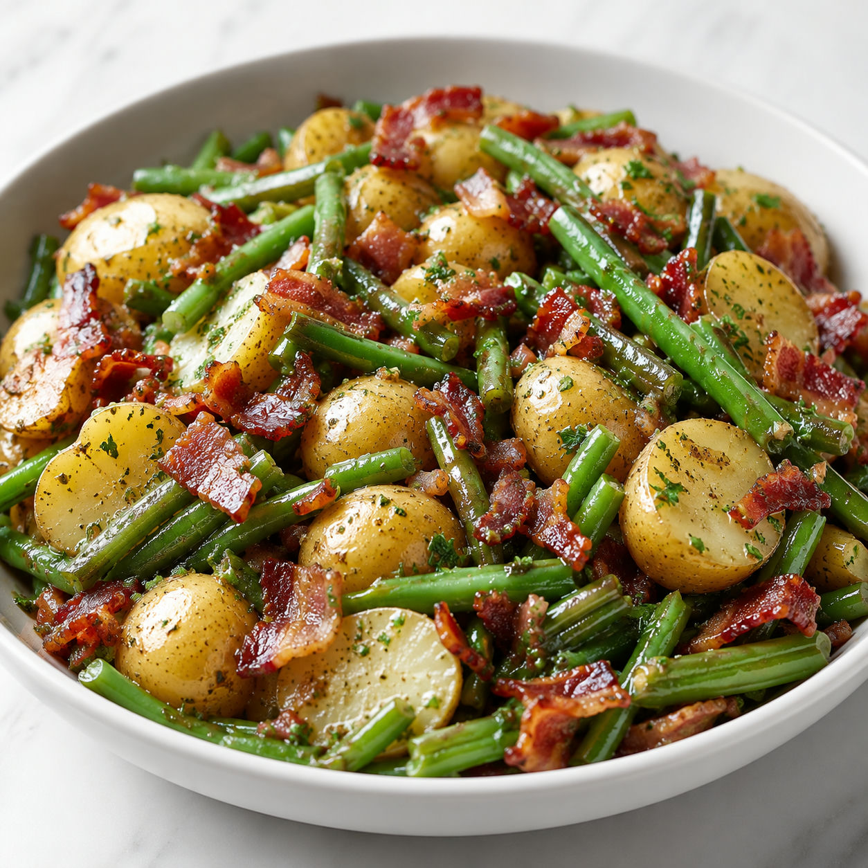 Ranch green beans and potatoes with crispy bacon in a white bowl