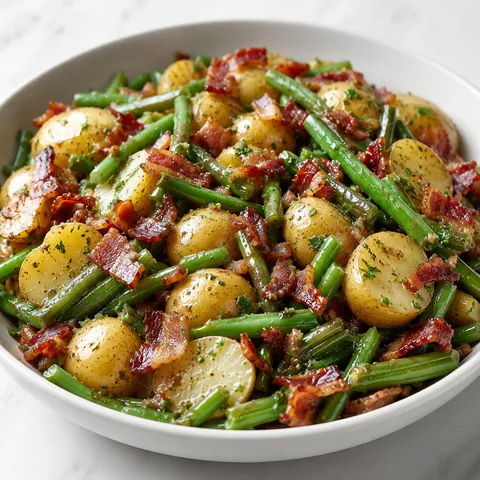 Ranch green beans and potatoes with crispy bacon in a white bowl