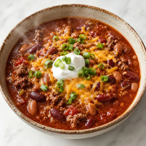 Cowboy beef and bean soup in a rustic ceramic bowl topped with cheddar and sour cream