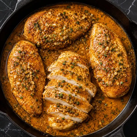 Cowboy Butter Chicken in a skillet with herbs and golden garlic butter sauce