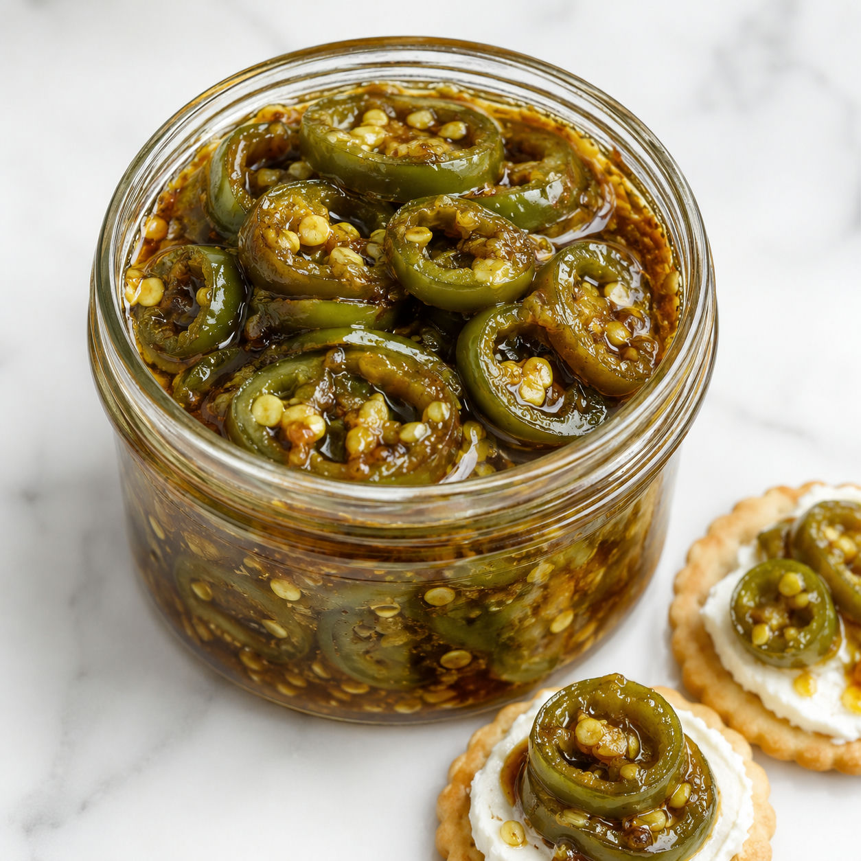 Cowboy Candy candied jalapeños in syrup with cream cheese and crackers