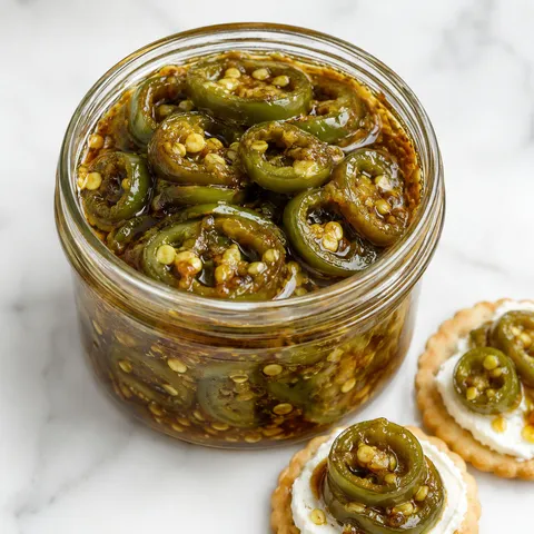 Cowboy Candy candied jalapeños in syrup with cream cheese and crackers