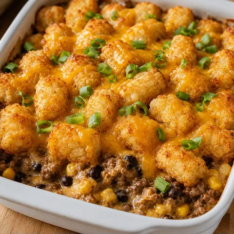 Cowboy Tater Tot Casserole with melted cheddar and scallions