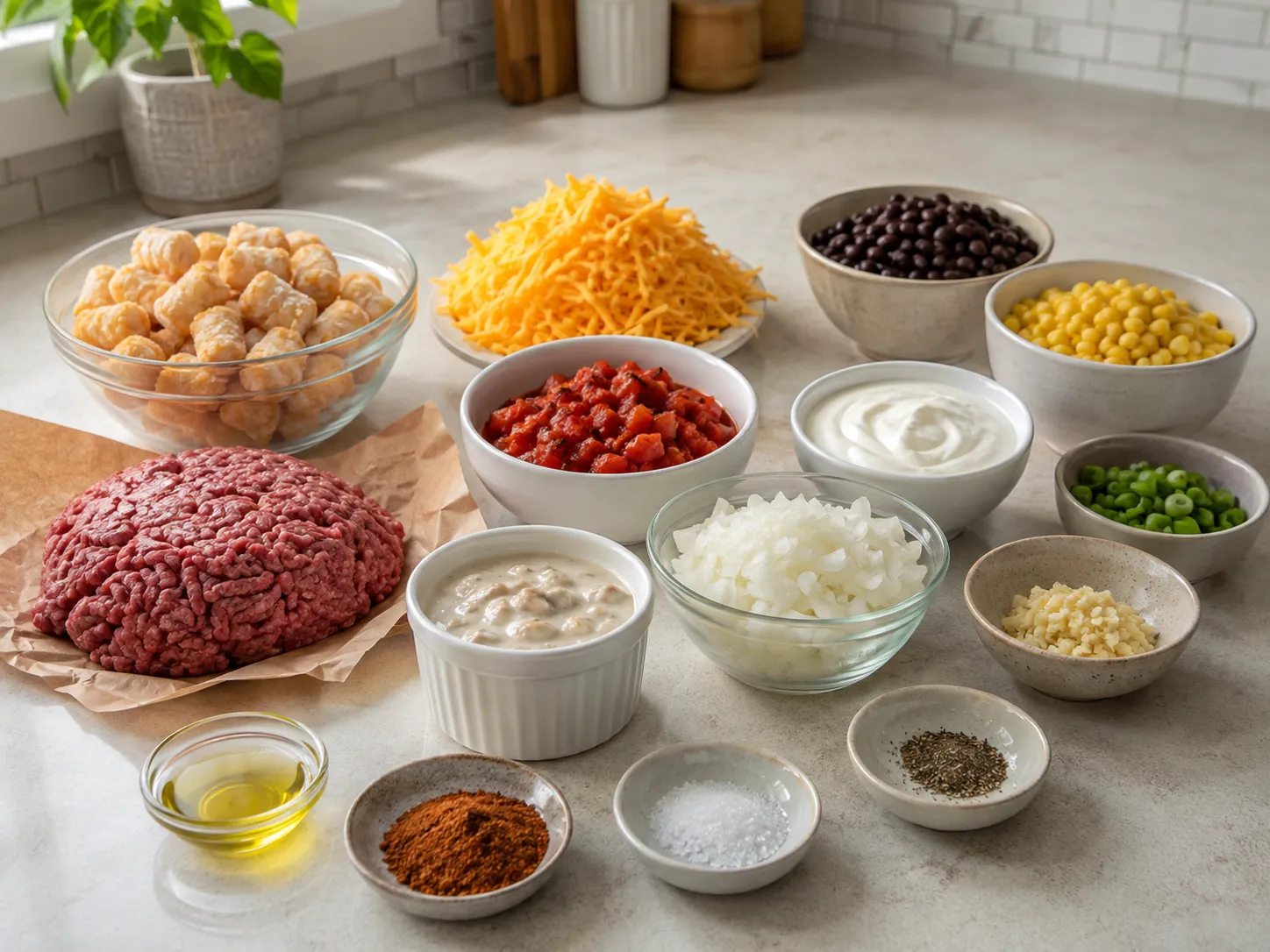 Ingredients for Cowboy Tater Tot Casserole on a kitchen counter