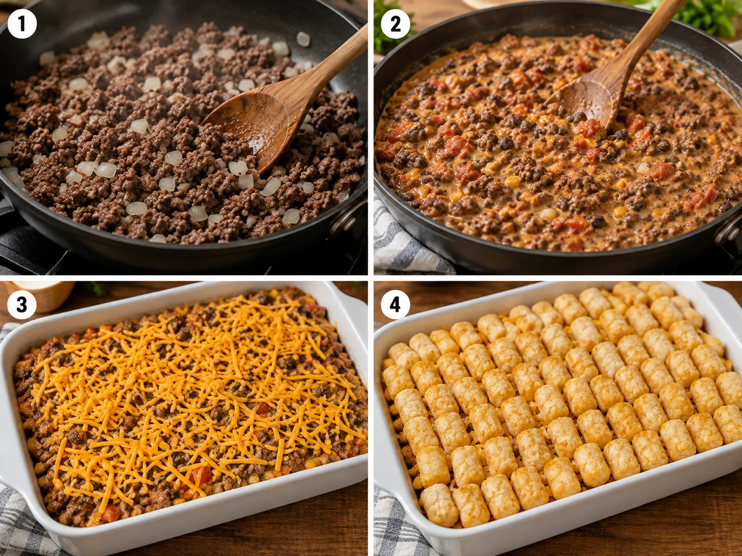Four cooking steps for Cowboy Tater Tot Casserole