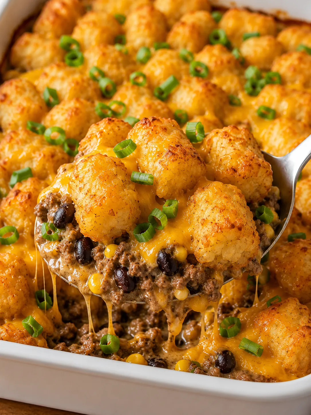 Scooped Cowboy Tater Tot Casserole with cheddar, beef, beans, and corn