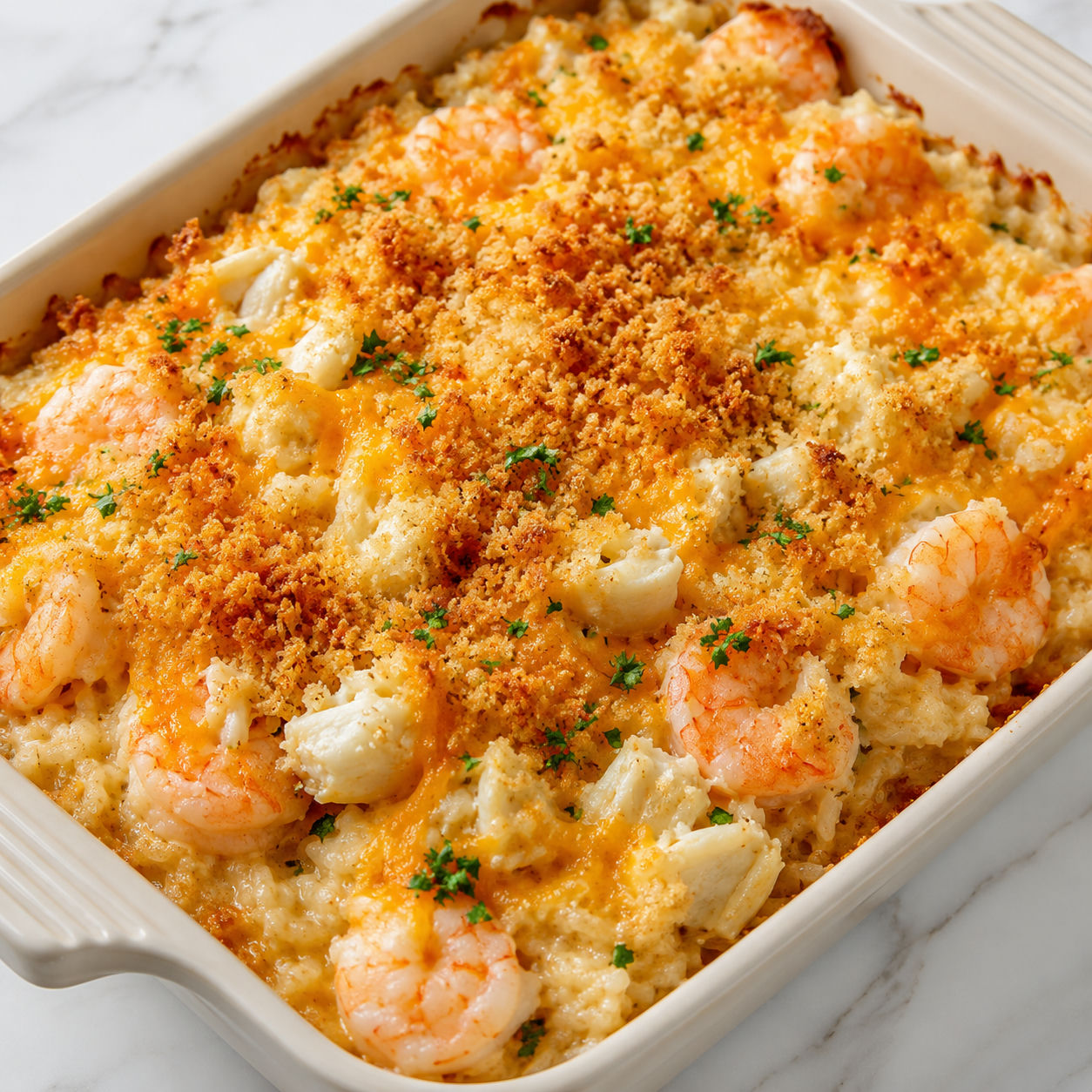 Crab and Shrimp Casserole with golden crumbs, parsley, and lemon
