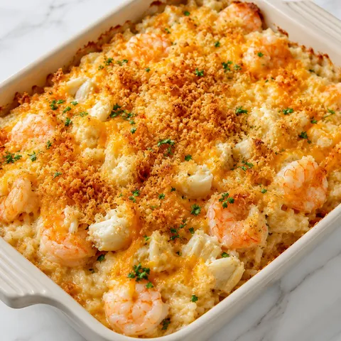 Crab and Shrimp Casserole with golden crumbs, parsley, and lemon