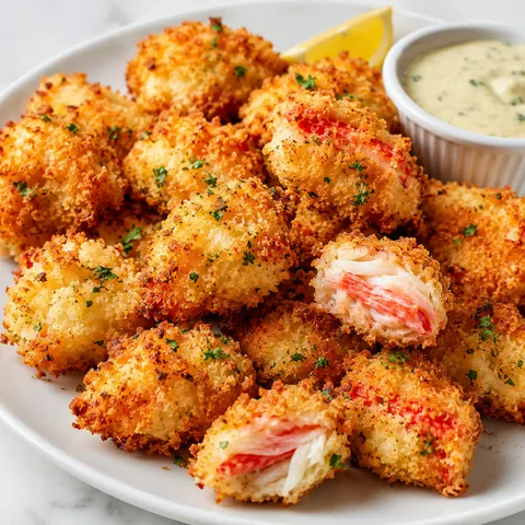 Golden Crab Crunchies with lemon wedges and creamy dip