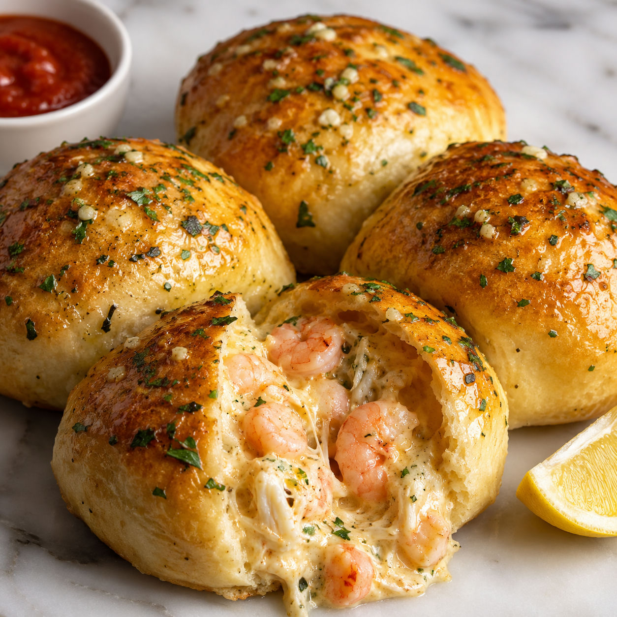 Golden garlic butter shrimp and crab bread bombs on a wooden board with one pulled open showing creamy cheesy filling