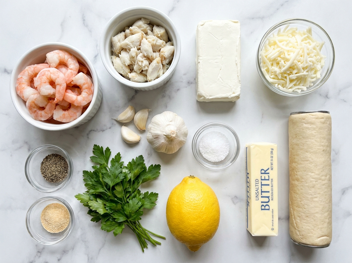 Raw ingredients for crabby shrimp garlic bread bombs including shrimp, crab, cream cheese, mozzarella, garlic, lemon, and biscuit dough on marble