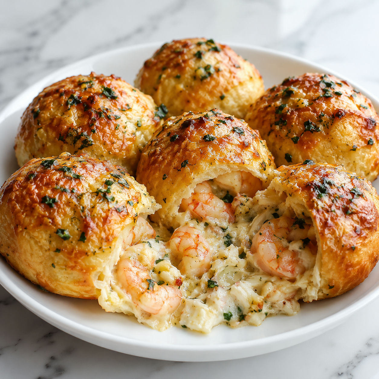 Golden shrimp and crab garlic bread bombs with creamy cheese filling