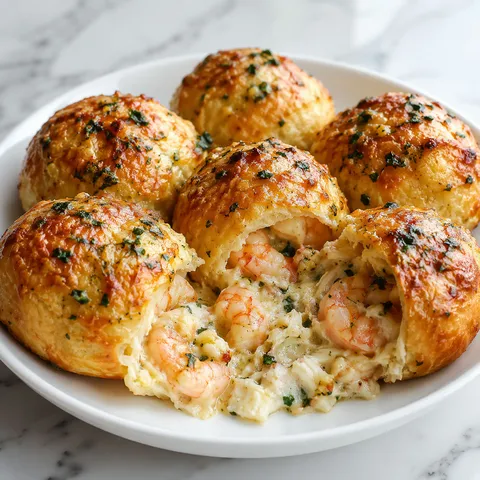 Golden shrimp and crab garlic bread bombs with creamy cheese filling