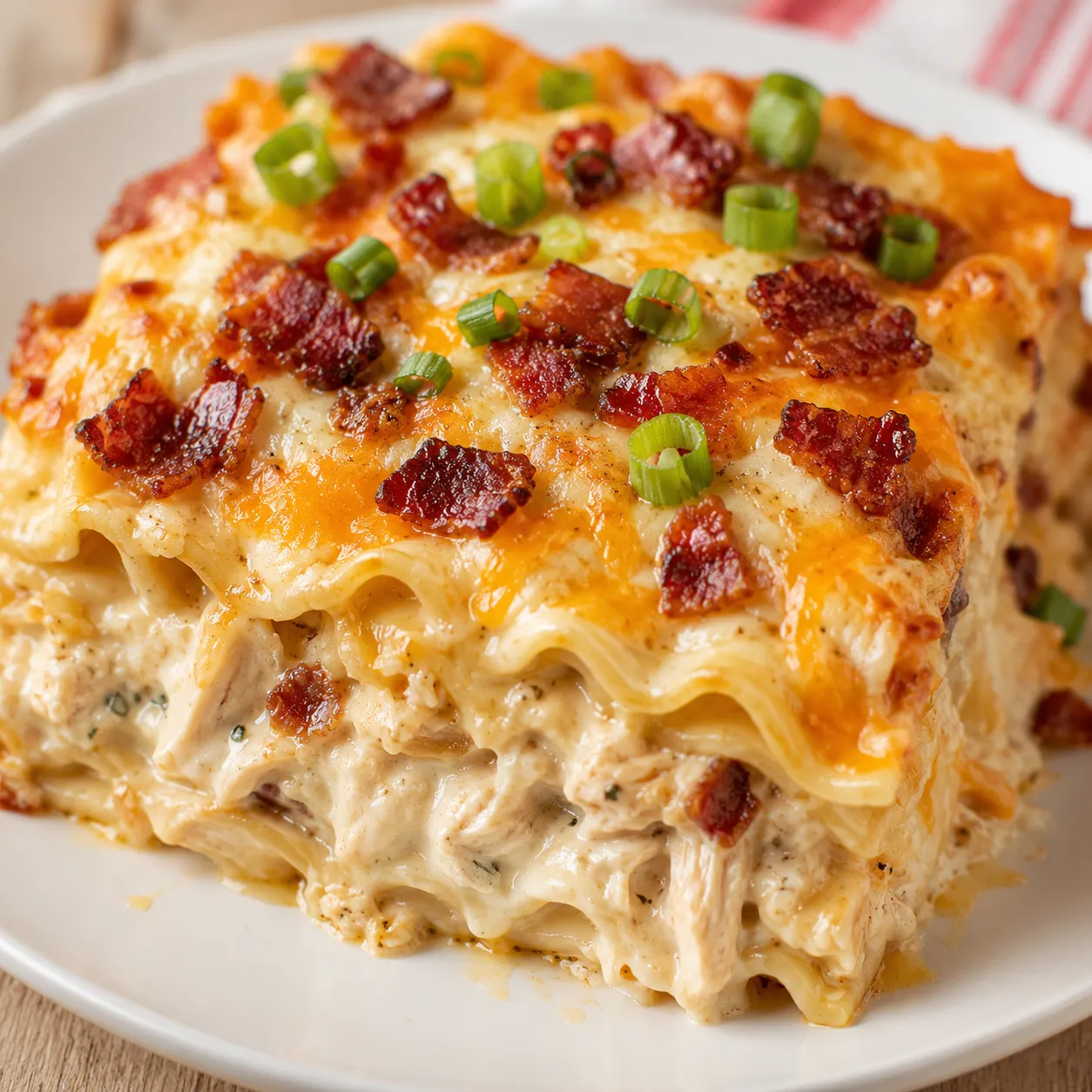 Crack chicken lasagna bake slice with bacon, cheese, and green onions