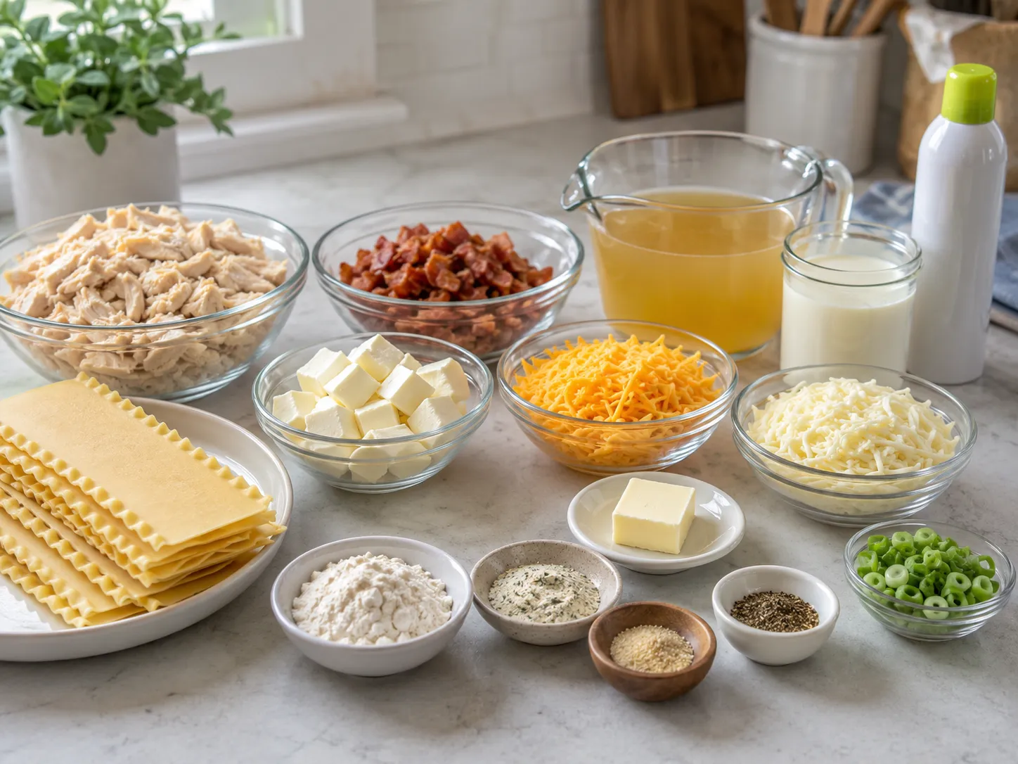 Ingredients for crack chicken lasagna bake with noodles, chicken, bacon, and cheese