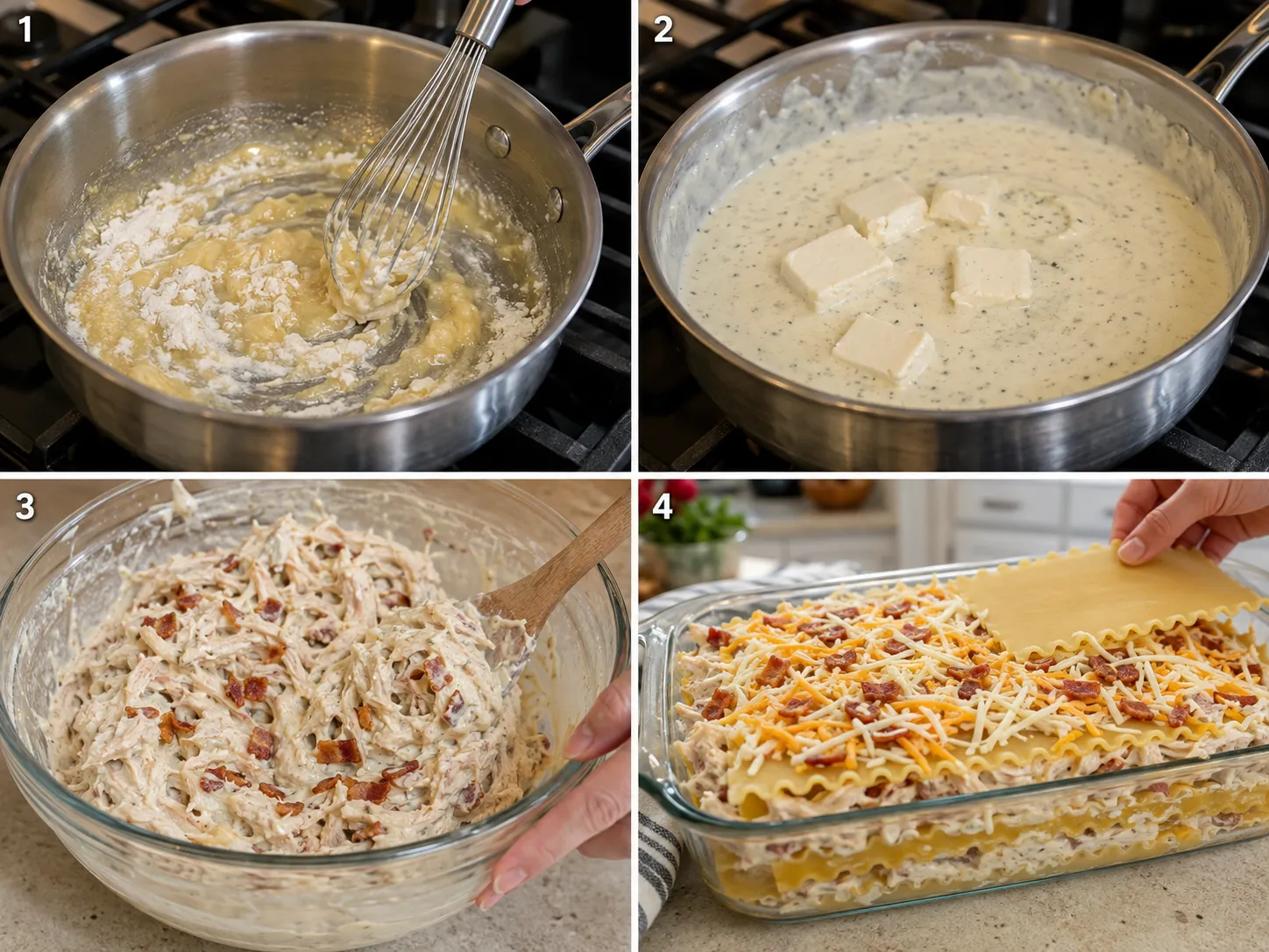 Four cooking steps for crack chicken lasagna bake with sauce and layers