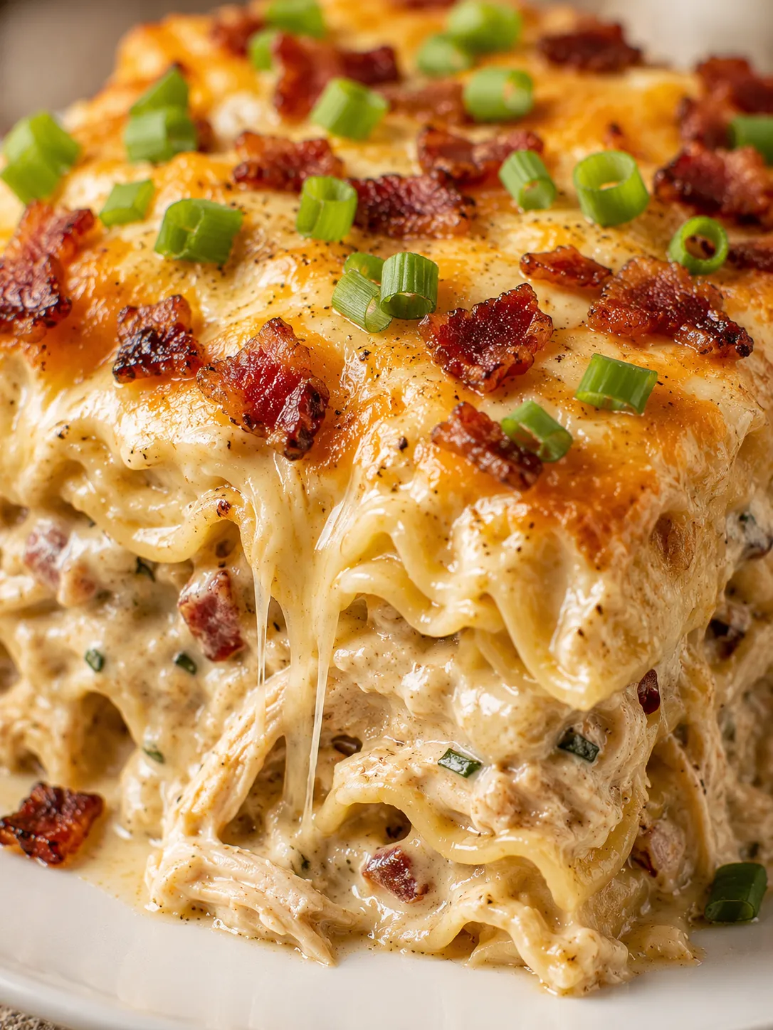 Creamy crack chicken lasagna bake with melted cheese, bacon, and green onions