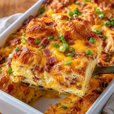 Crack Croissant Breakfast Bake with bacon, cheddar, and green onions