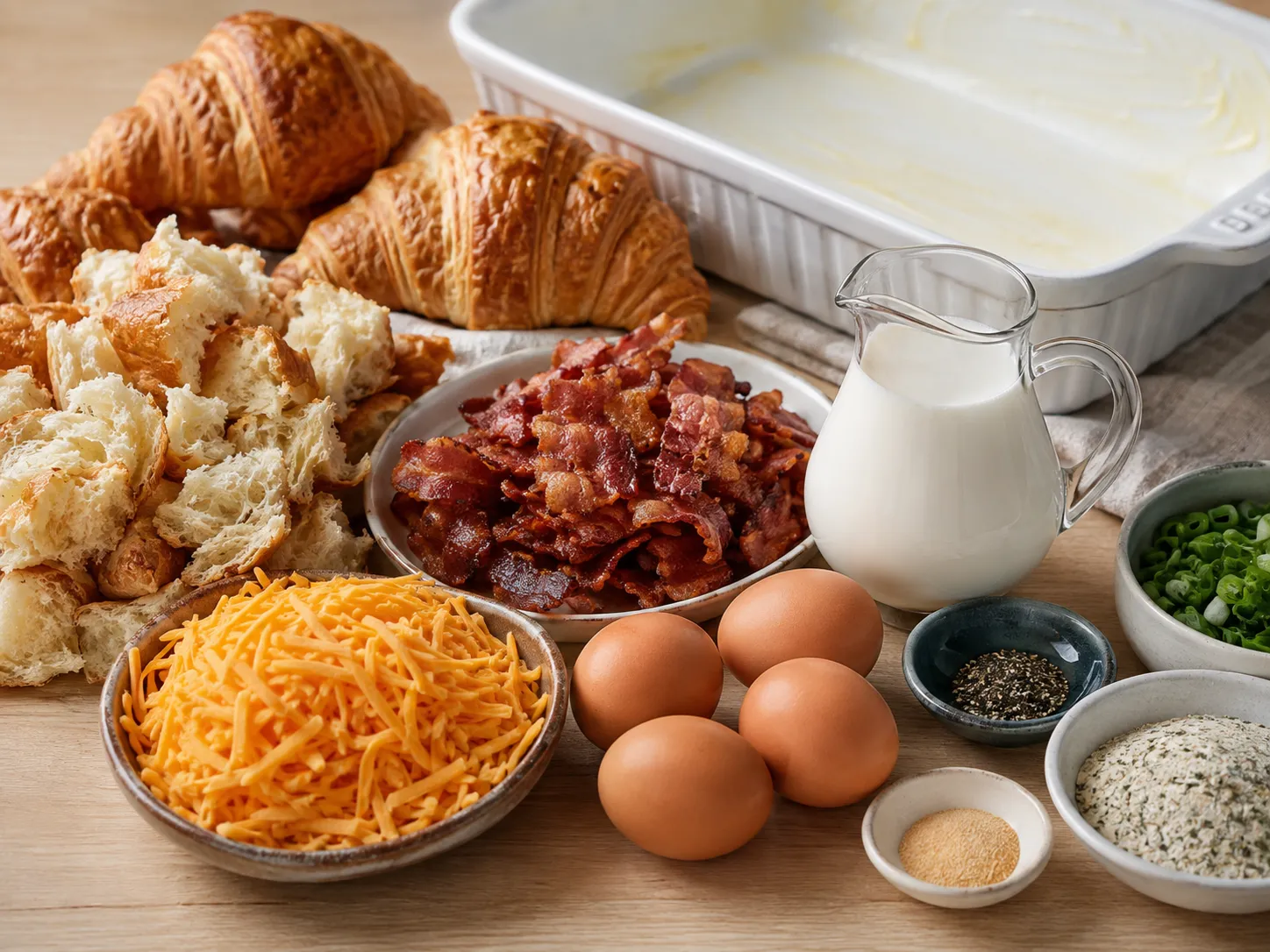 Croissants, bacon, cheddar, eggs, ranch seasoning, and green onions