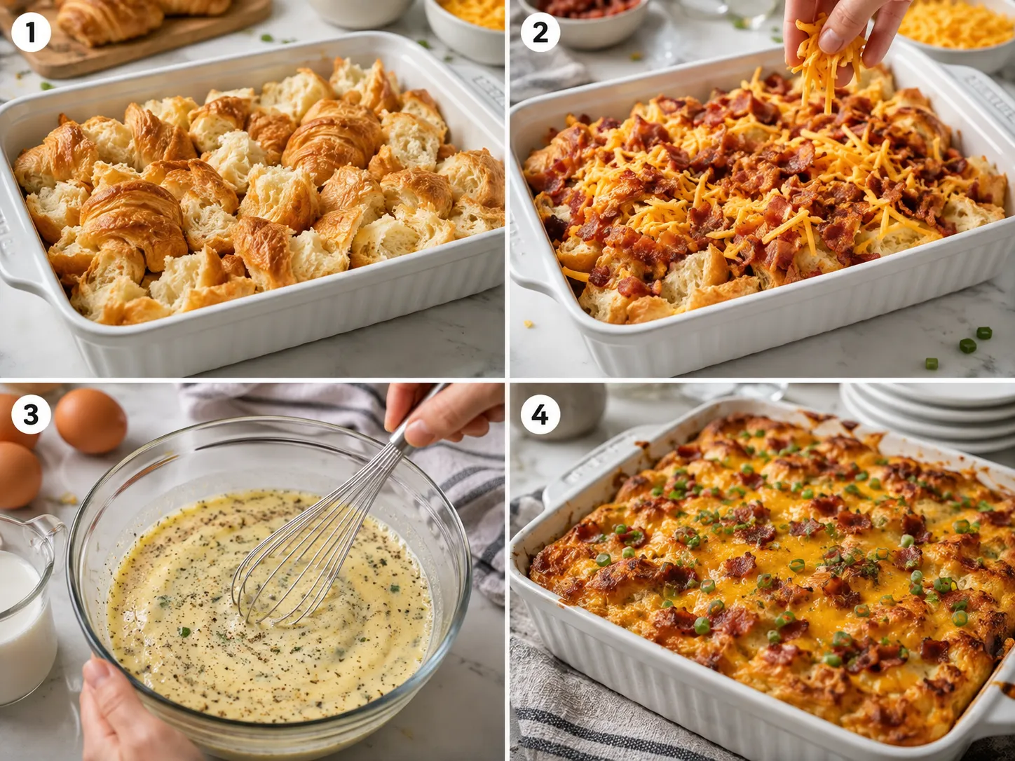 Four steps for making croissant breakfast bake with bacon and cheddar