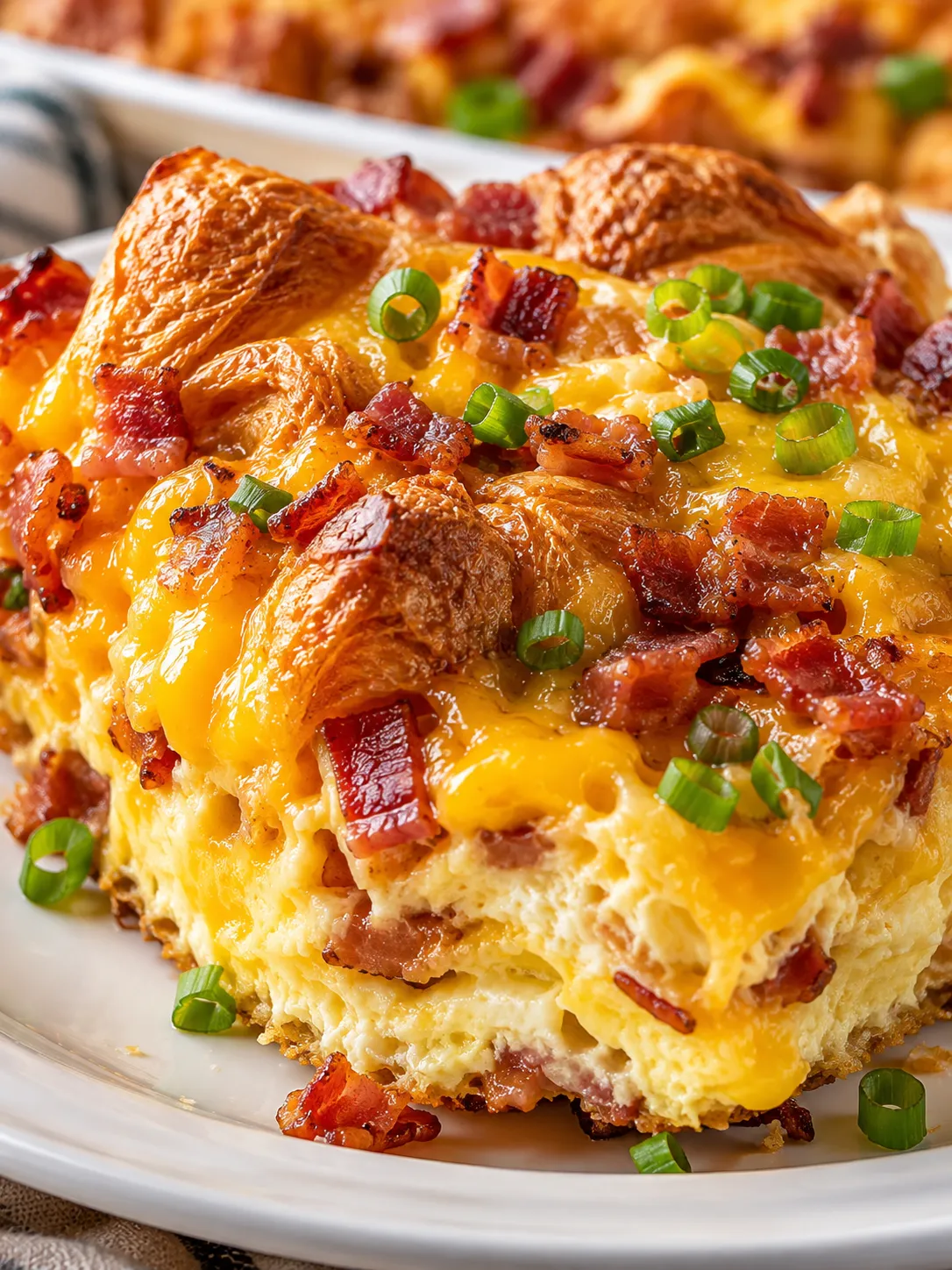 Golden croissant breakfast bake slice with bacon, cheddar, and green onions