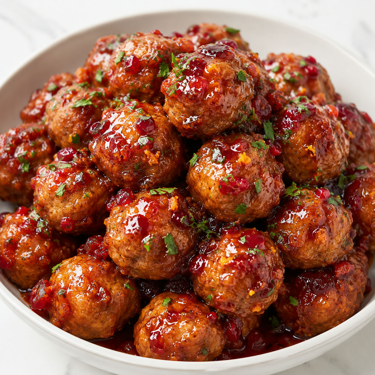 Cranberry-orange chicken meatballs with parsley in a white bowl